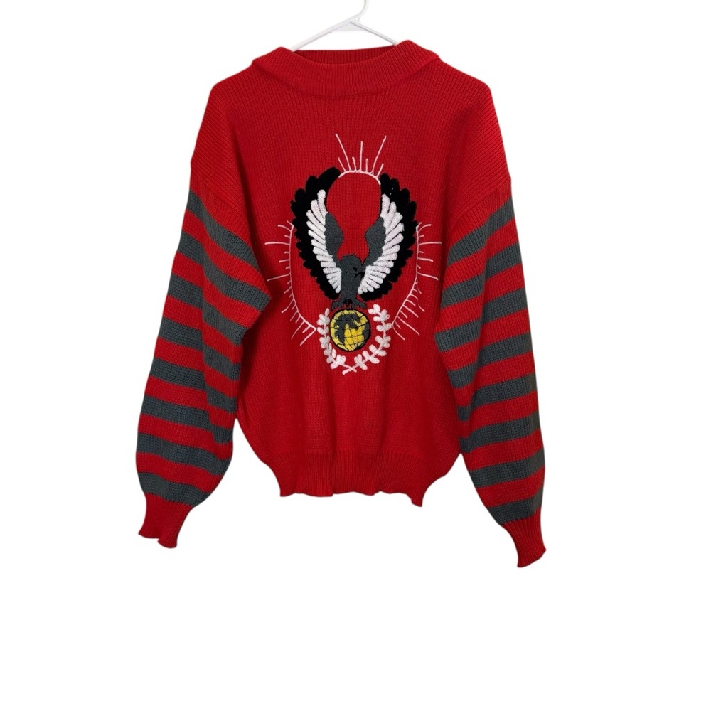 Vintage DJ Smash Red Sweater with Gray Stripes and Embroidered Motif Sz L